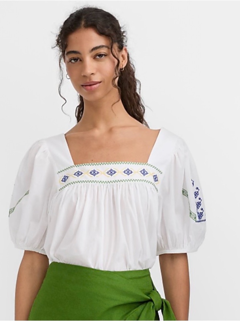 LOFT White Embroidered Puff-Sleeve Square Neck Top, size XS